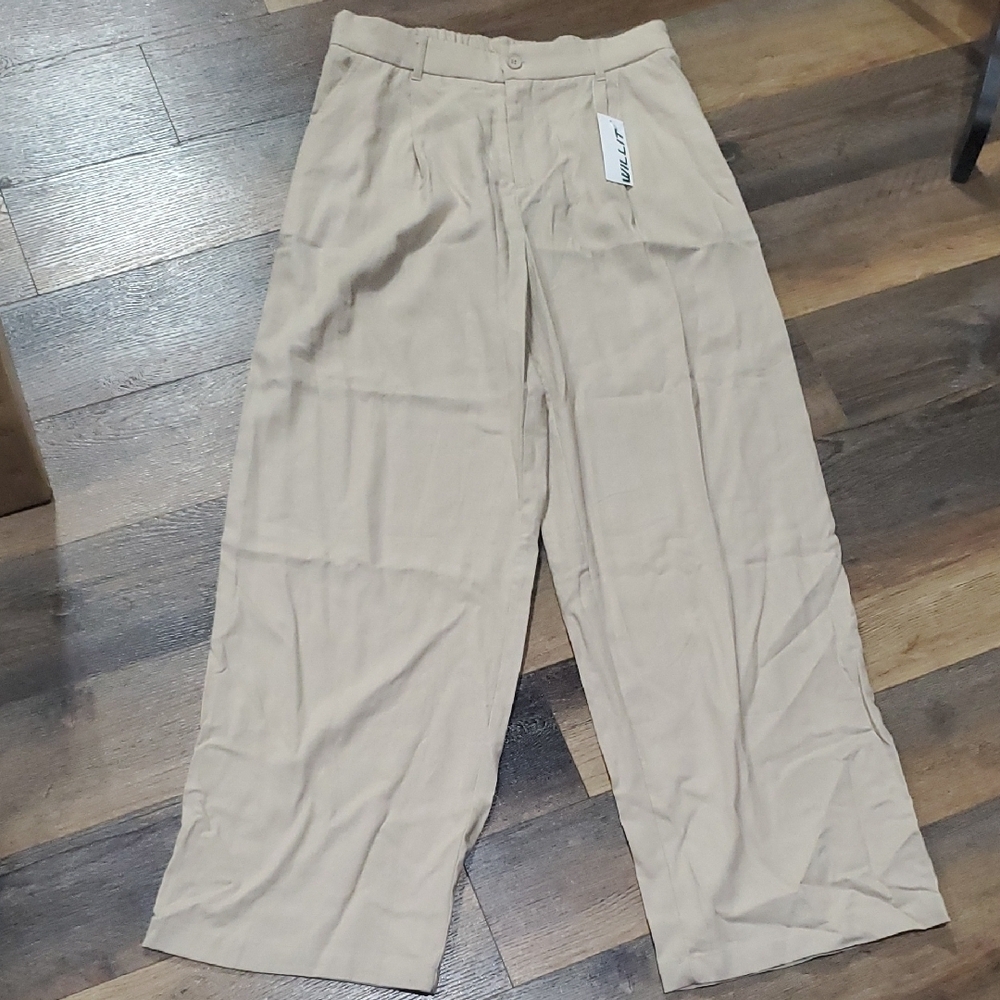 WILLIT Linen Cotton Blend Tan Wide Leg Pants with Relaxed Fit